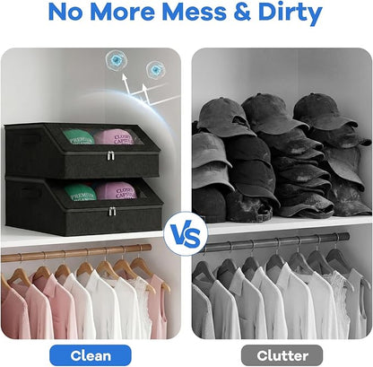 2 Pack Hat Storage for Baseball Caps, Holds up to 48 Caps, Stackable Hat Organizer for Closet, Dustproof Hat Box with Clear Window, Hollow Board Support & 2 Handles, Flip-Top Access (Black)
