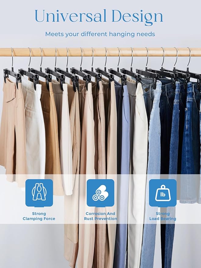 Smartor Pants Hangers - 30 Pack, Black Clips Hangers with 360° Hooks, Shorts Hanger with Strong Clamps, Dress, Heavy Duty as Trousers, Skirt, Jeans, Towel and Bottom Clothes -12 Inch