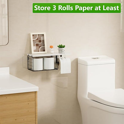 VITVITI Toilet Paper Holder with Shelf, Wall Mounted Toilet Paper Storage Basket, Wood Metal Toilet Roll and Wipes Holder for Bathroom Farmhouse (White)