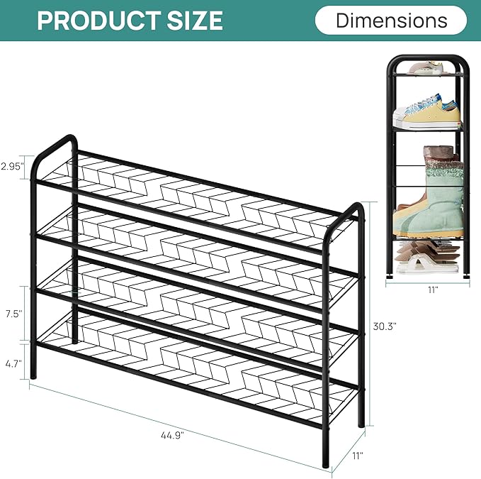 viewcare Long Shoe Rack for Closet, 4-Tier Extra Long Shoe Rack for Entryway & Garage, Black Shoe Organizer Holds 20-23 Pairs, Sturdy Metal Construction