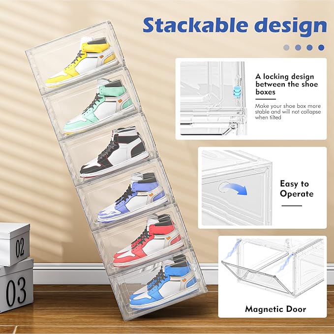 Shoe Storage Box, 9 Pcs Shoe Box Clear Plastic Stackable, Sturdy Foldable Shoe Organizer Containers with Magnetic Door for Women/Men, White