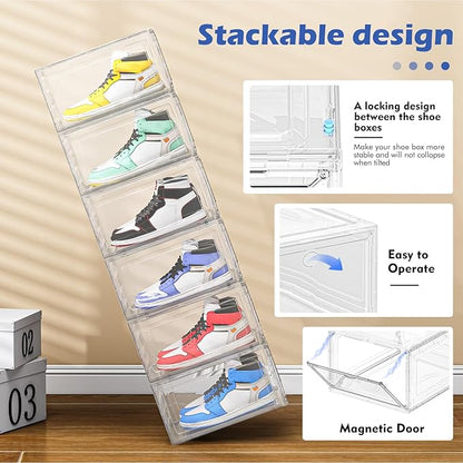 Shoe Storage Box, 9 Pcs Shoe Box Clear Plastic Stackable, Sturdy Foldable Shoe Organizer Containers with Magnetic Door for Women/Men, White