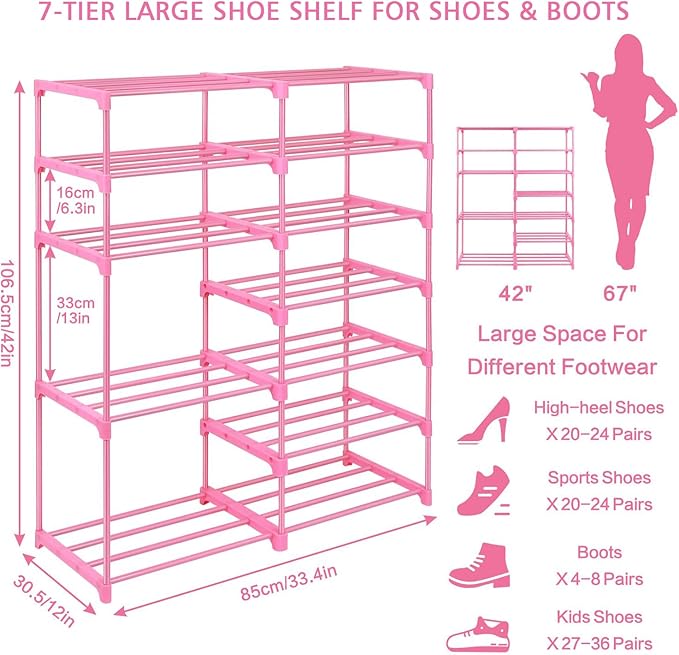 LNYZQUS 7-Tier Large Pink Shoe Rack, 24 -30 Pairs Tall Shoe Organizer Shelf, Kids Boots Stand Organizer For Garage Closet Entryway