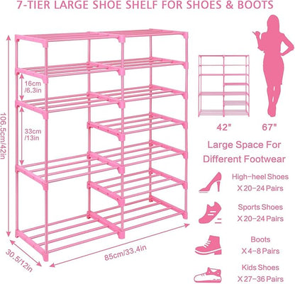 LNYZQUS 7-Tier Large Pink Shoe Rack, 24 -30 Pairs Tall Shoe Organizer Shelf, Kids Boots Stand Organizer For Garage Closet Entryway