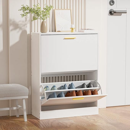 JOZZBY Shoe Cabinet for Entryway, Narrow White Shoe Storage Cabinet with 2 Flip Drawers, Wooden Hidden Shoe Rack Organizer with 2 Tier Freestanding for Hallway, Living Room, Set of 2