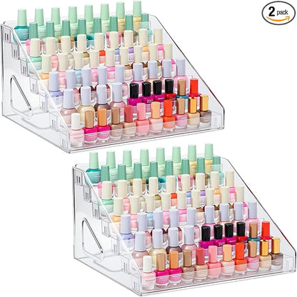 2 Pcs Nail Polish Organizers, Clear Nail Polish Holder 84 Bottles of 7 Layers Sunglasses Organizer Essential Oils Holder Clear Eyeglasses Display Case Makeup Organizer