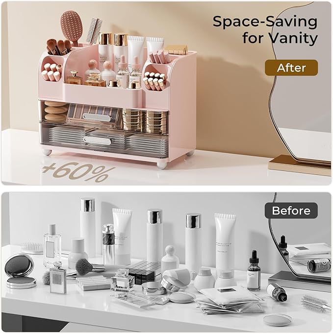 Makeup Organizer for Vanity with 2 Large Drawers, Cosmetic Display Case with Brush Holders, Easy to Storage for Bathroom Countertop Skincare, Perfume, Pink