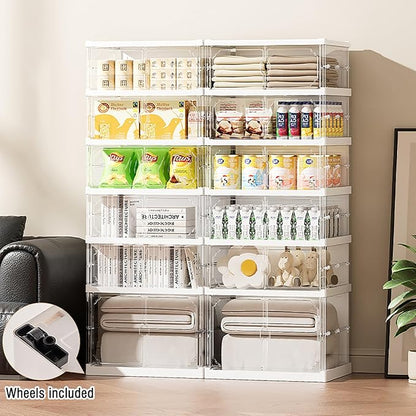 Foldable Shoe Storage Cabinet with Clear Magnetic Doors, 6-Tier No-Assembly Shoe Rack Organizer, Stackable Large Capacity Shoe Box for Entryway, Closet, Fits Boots & Sneakers, (Transparent)