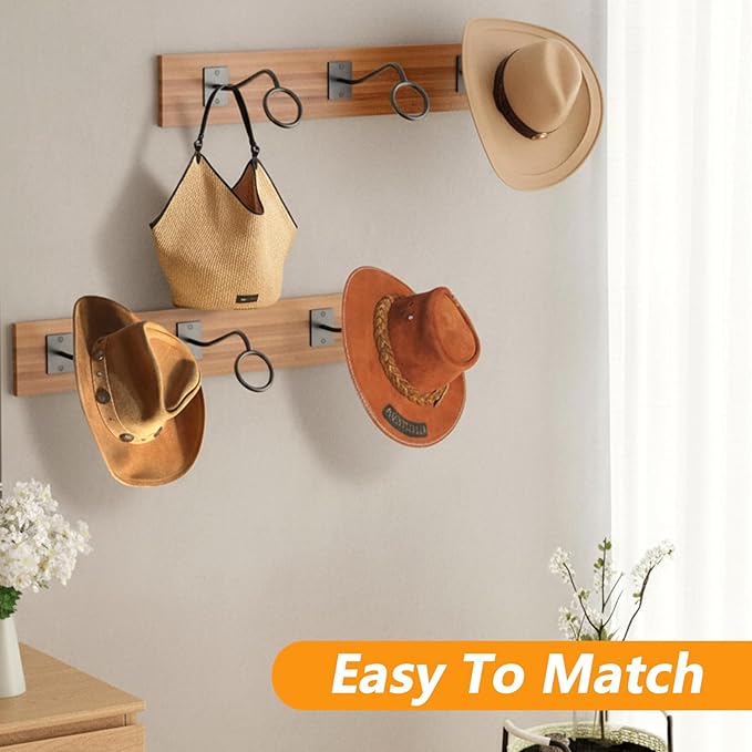 6 Pcs Cowboy Hat Rack for Wall, Cowboy Hat Holder Wall Mount, Western Rustic Metal Hats Hanger Hooks Organizer for Fedora, Sun Hats, Wide Brim, Western Room Decor