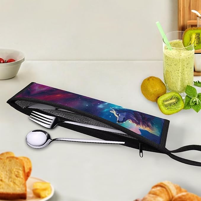 COEQINE Portable Utensil Storage Case Wolf Galaxy Straws Carrying Case Travel Utensil Pouch With Carrying Handle Portable Chopsticks Solverware Bag for Women Men,Cool Wolf Animal