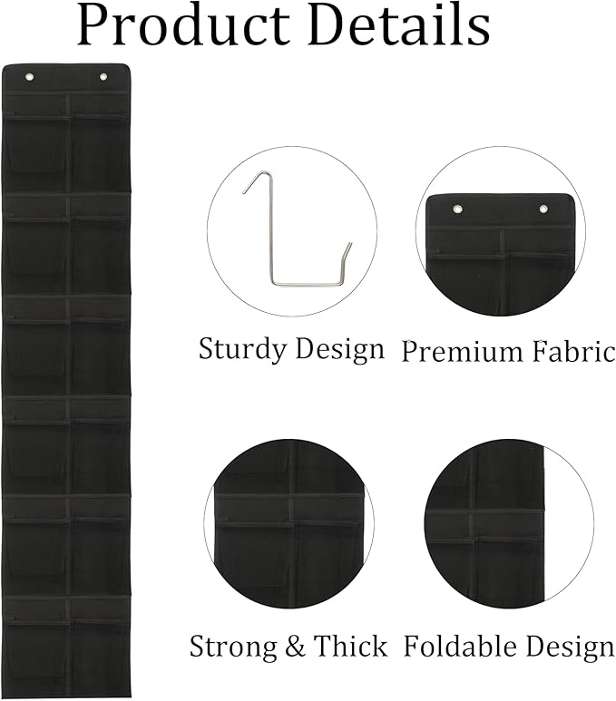 Black Over Door Shoe Organizer, 12 Large Pockets Hanging Storage for Closet Organization, Space Saving Shoe Rack and Accessory Holder