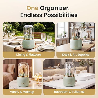 360°Utensil Holder Silverware Organizer with Lid, kitchen countertop flatware organizer and Countertop Storage,Forks, Knives and Spoons Organizer,7 Slots and Intermediate Device with Cover.（green）