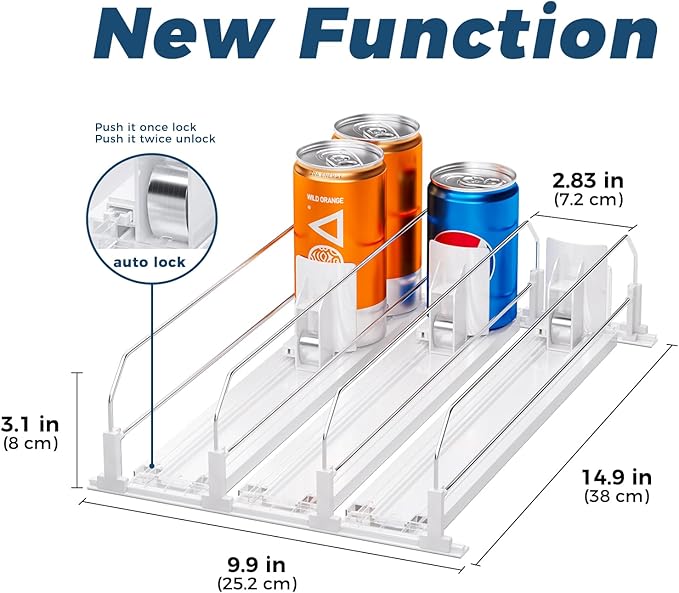 Puricon Drink Organizer for Fridge - Spring Loaded Pusher Glide, Self Pushing Soda Can Dispenser, Beer Bottle Beverage Holder for Refrigerator - 3 Rows, White