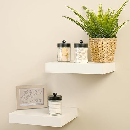 SheeChung 4-Pack Glass Qtip Holder Dispenser - Rust-Proof Stainless Steel Apothecary Jars with Labels - Modern Farmhouse Bathroom Organizer for Cotton Swabs, Balls, Pads(Matte Black)