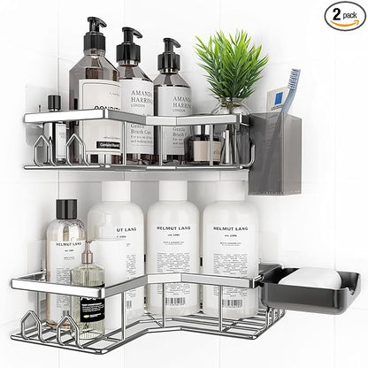 Adhesive Shower Caddy, 4 Pack Corner Bath Organizer, Rustproof Stainless Steel Shower Shelves with Large Capacity, No Drilling Shelves for Bathroom Storage, Home, Kitchen Decor (Silver).