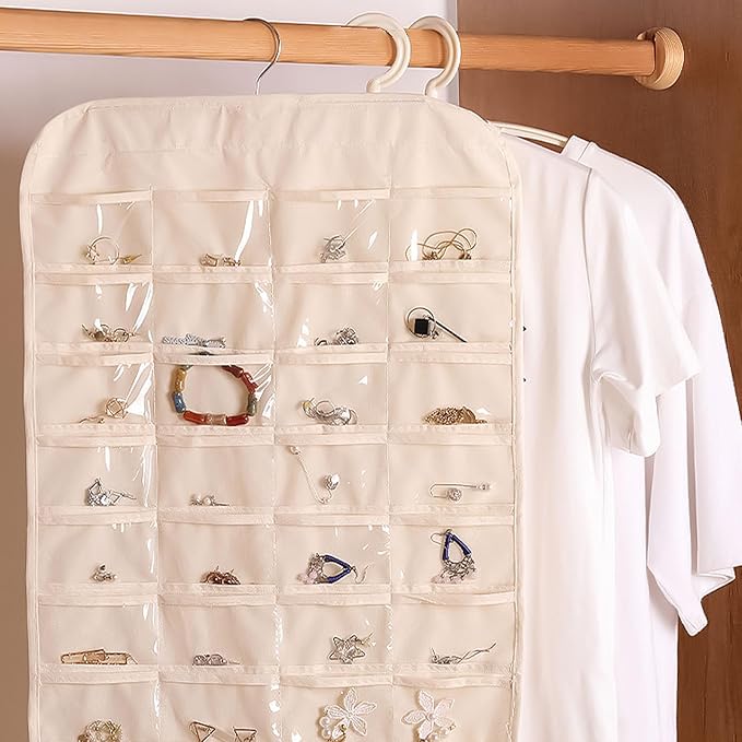 Hanging Jewelry Organizer Double Sided Necklace Storage Holder with 80 Clear Pockets Portable Necklace Holder Jewelry Bag for Earrings Necklace Bracelet (Beige 1PC)