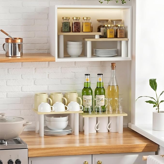 Cabinet Organizer Shelf, 2 Tier Countertop Spice Rack for Kitchen Counter, Seasoning Organizer with Wood-Grain Shelves, Kitchen Countertop Organizer for Spices, Sauces and Small Items (4 Pcs, Light)