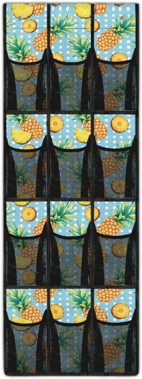 12-Section Over The Door Storage Bag Organizer, Made of Heavy Duty Oxford Cloth, Waterproof Lightweight and Perfect for Home Office or Dorm Use, Pineapple and Dots