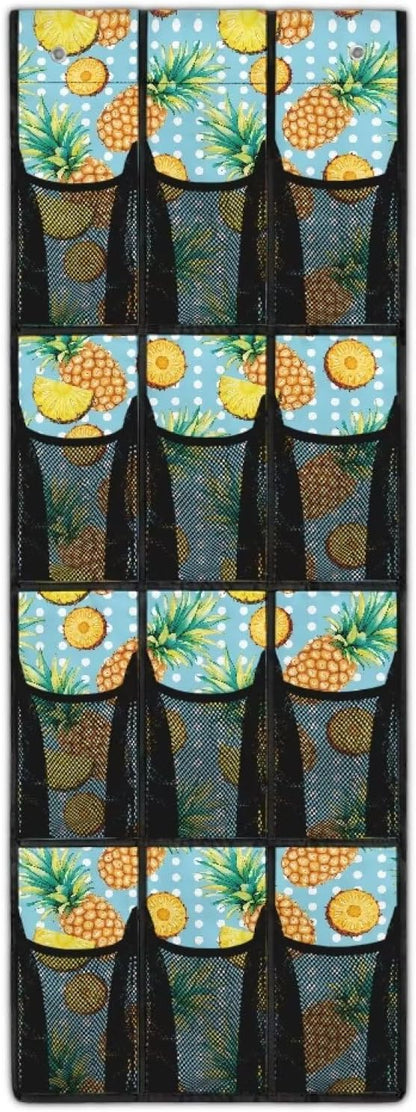 12-Section Over The Door Storage Bag Organizer, Made of Heavy Duty Oxford Cloth, Waterproof Lightweight and Perfect for Home Office or Dorm Use, Pineapple and Dots