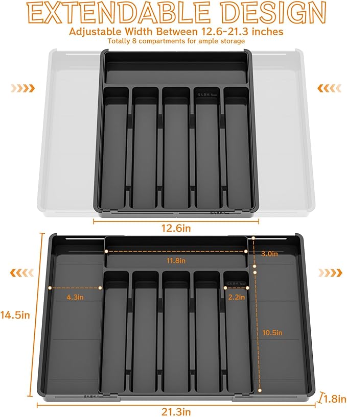 Yieach Black Expandable Silverware Drawer Organizer - Adjust From 11'' to 22'' - Knife,Cutlery,Spoons and Forks Organizer,Large 8 Grid Flatware,Silverware Tray,Utensil Organizer for Kitchen Drawers