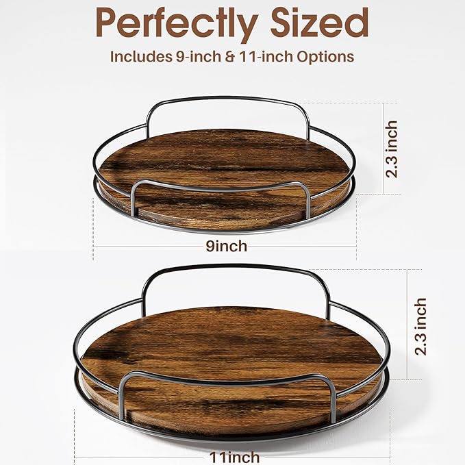 LAMU 2 Pack 9'' 11'' Lazy Susan Turntable Organizer for Table Top Cabinet, Wooden Lazy Susan for Kitchen, Pantry, Countertop, Bathroom Vanity, Spice Organization, Wood Decor