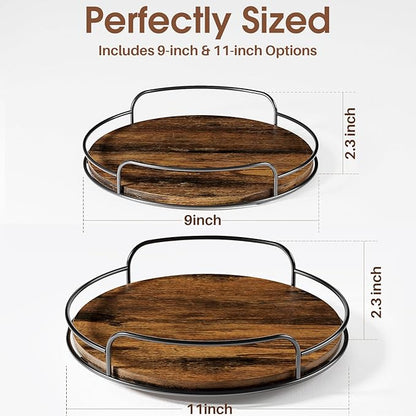 LAMU 2 Pack 9'' 11'' Lazy Susan Turntable Organizer for Table Top Cabinet, Wooden Lazy Susan for Kitchen, Pantry, Countertop, Bathroom Vanity, Spice Organization, Wood Decor