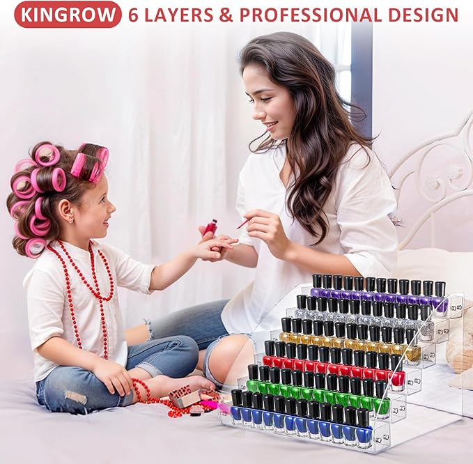 KINGROW Nail Polish Organizer Holder Rack 6 Layers Acrylic Display Shelf For Eyeglasses Essential Oils Ink Storage Holds Up to 96 Bottles (Fit 1-2oz Bottles)