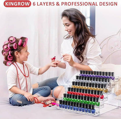 KINGROW Nail Polish Organizer Holder Rack 6 Layers Acrylic Display Shelf For Eyeglasses Essential Oils Ink Storage Holds Up to 96 Bottles (Fit 1-2oz Bottles)