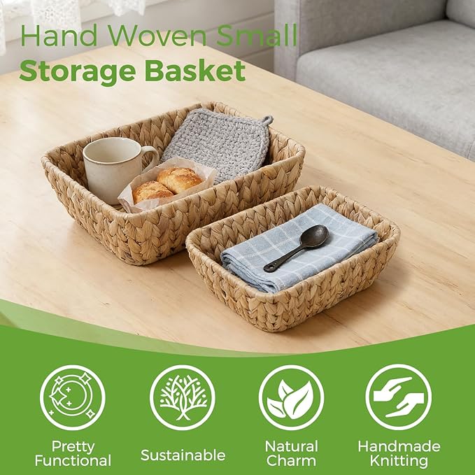 2 Pack Small Wicker Storage Baskets, Water Hyacinth Basket for Organizing Shelves, Natural Woven Storage Baskets for Snack, Gift