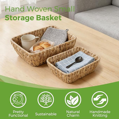 2 Pack Small Wicker Storage Baskets, Water Hyacinth Basket for Organizing Shelves, Natural Woven Storage Baskets for Snack, Gift