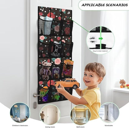 Rose Over the Door Shoe Organizer,Shoe Organizer Door Hanger with 12 Mesh Large Pockets,Space Saver,Unique Print