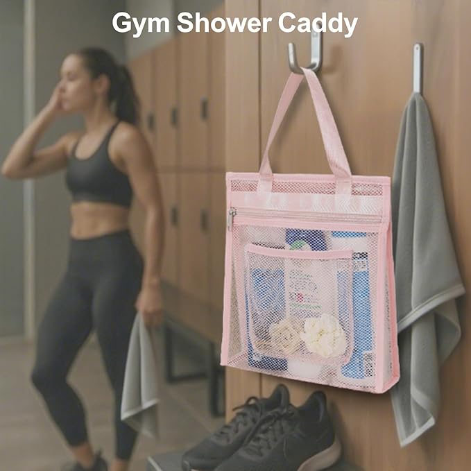 F-color Mesh Shower Caddy Portable Hanging - 3 Pockets Small Shower Bag Tote with Zipper Closure for Camping, Gym Lockers, Travel, Toiletry, Quick Dry Bathroom Essentials with S Hook, Pink