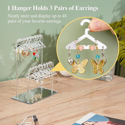 NiHome Acrylic Earring Holder with Unique Double-Tiered Design, Cute Miniature Clothing Hangers with Spacious Storage for 48 Pairs, Mirror-Finish Display for Home Vanity & Retail Showrooms (Silver)