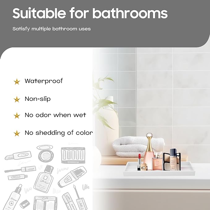 Vanity and Bathroom Tray, 9.8" ABS Countertop Organizer,Waterproof Vanity Tray for Toilet Tank,Perfume,Soap,Keys,Bathroom Accessories,Kitchen and Bath Trays,Non Slip Small Trays,White