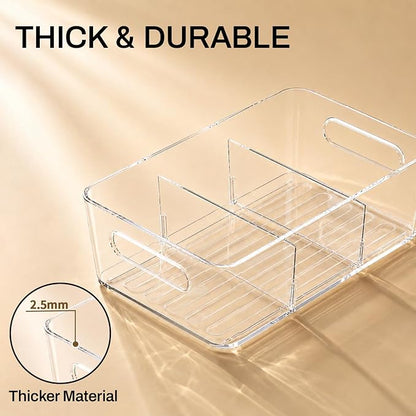 Mpotmiy 4 Pack Clear Pantry Organizers and Storage Bins with Divider, Transparent Plastic Basket, Refrigerator and Fridge Bins