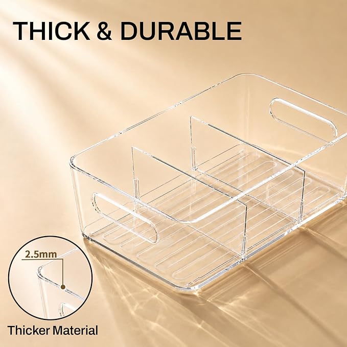 Mpotmiy 6 Pack Pantry Organizers and Storage,Clear Plastic Containers with 2 Dividers for Kitchen,Fridge Organization and Storage,Acrylic Bins for Pounches,Spice Packet,Snack organzier
