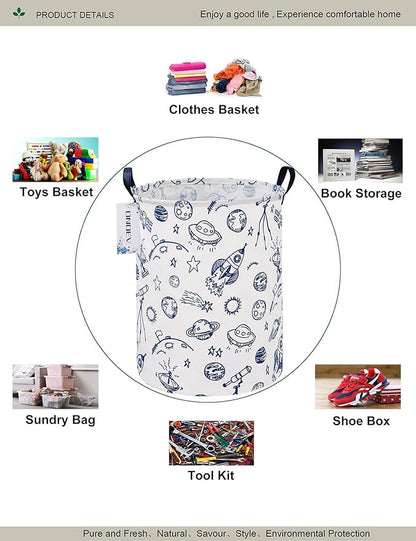 Round Space Rocket Laundry Basket, Collapsible Laundry Hamper for Boys, Cute Galaxy Solar System Storage Bin, Waterproof Toy Storage for Kids Room, Nursery, Playroom(Blue Planet)