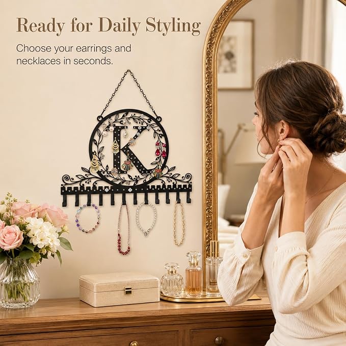 Wall-Mounted Metal Earring Holder Hanging Jewelry Organizer for Earrings and Necklaces Space-Saving Wall Display with Hooks for Jewelry Storage (jewelry stand K)