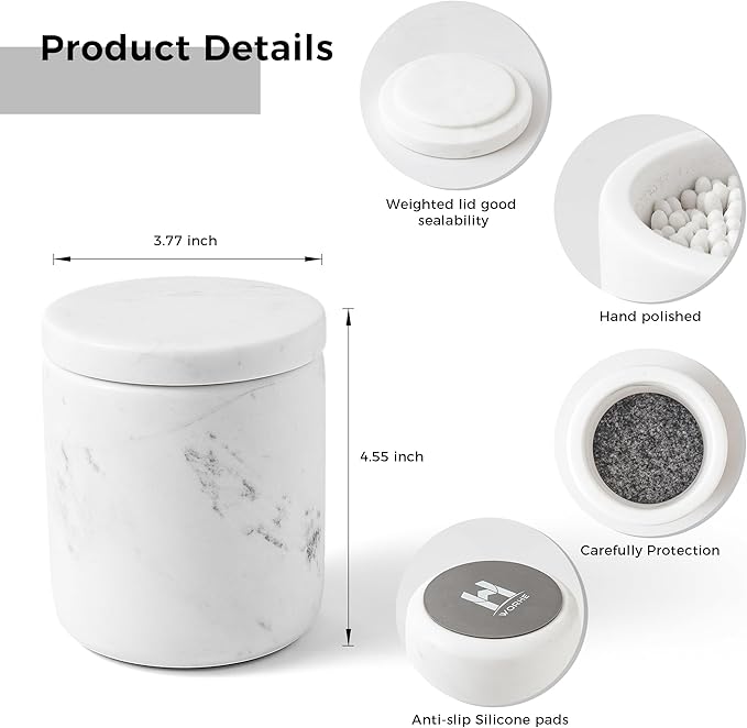 Marble Qtip Holder with Lid Natural Cotton Ball Container for Cotton Swabs,Makeup Sponges,Bath Salt Large Capacity Bathroom Canisters Jars for Countertop Storage and Organization White (WH051)