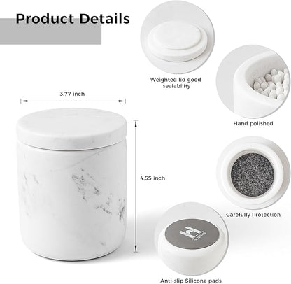 Marble Qtip Holder with Lid Natural Cotton Ball Container for Cotton Swabs,Makeup Sponges,Bath Salt Large Capacity Bathroom Canisters Jars for Countertop Storage and Organization White (WH051)