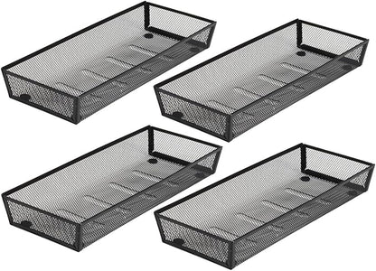 BYCY Silverware Drawer Organizer, Mesh Utensil Organizer for Kitchen Storage, Black Steel Metal Mesh Tray for Flatware Fork Spoon Knife… (15 * 6-4P-Black)