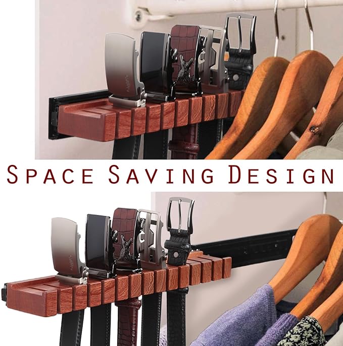 Premium Walnut Wood Belt Organizer with Sliding System - 14-Belt Heavy-Duty Belt Holder, Wall-Mounted Belt Hanger for Closet, Space Saving Storage & Elegant Father’s Day Gift
