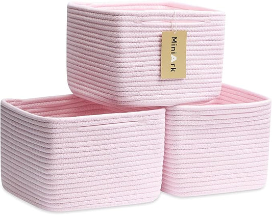 MiniArk Small Organizing Baskets for Cubes Shelf, 9.7x9.7x7.1 Inch Rope Woven Storage Bins for Nursery Shelves Storage, Cute Toy Basket, Square 3 Packs Light Pink