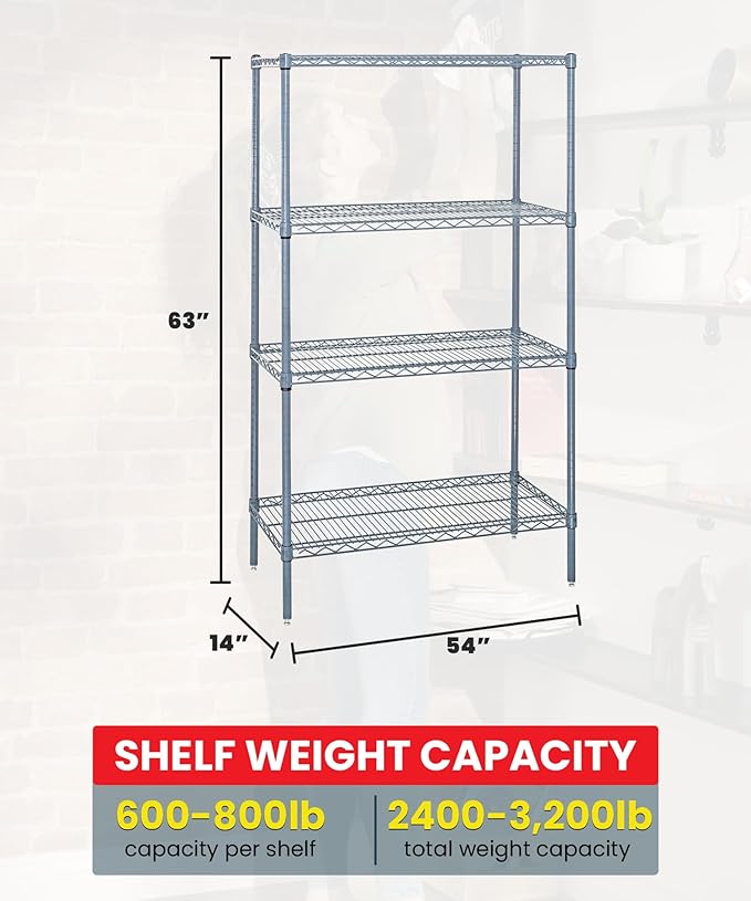 Quantum Storage Systems WR63-1454GY Wire Shelving 4 Shelf Wire Starter Units, 14" x 54" x 63", Gray Epoxy