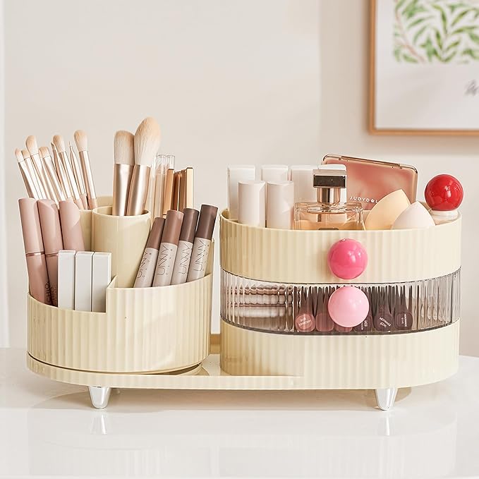 Makeup Organizer Countertop for Vanity with 360° Rotating Brush Holder, 3 Layer Cosmetic and Jewelry Storage, Makeup Display Case for Skincare&Perfume (Cream White)