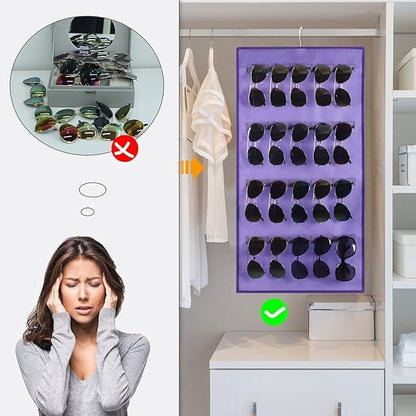 Dual Sided Hanging Sunglasses Organizer Wall Mounted Glasses Rack Storage Eyeglasses Holder Eyewear Display Case with 40 Slots (40 Slots-Purple)