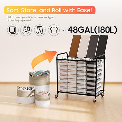 Laundry Sorter 4 Sections 48 Gal, Rolling Laundry Basket with Lockable Wheels and Lid, Laundry Hamper with 4 Separated Removable Bags Dirty Clothes Hamper for Laundry Room, Multicolor