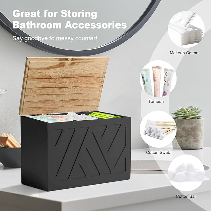 2Pcs Tampon Holder for Bathroom Decor, Feminine Product Organizer, Shark Week Tampon Storage with Lid, Wood Pad Box for Toilet, Lady Girl Stuff Organizer Case Bathroom Accessories- Black