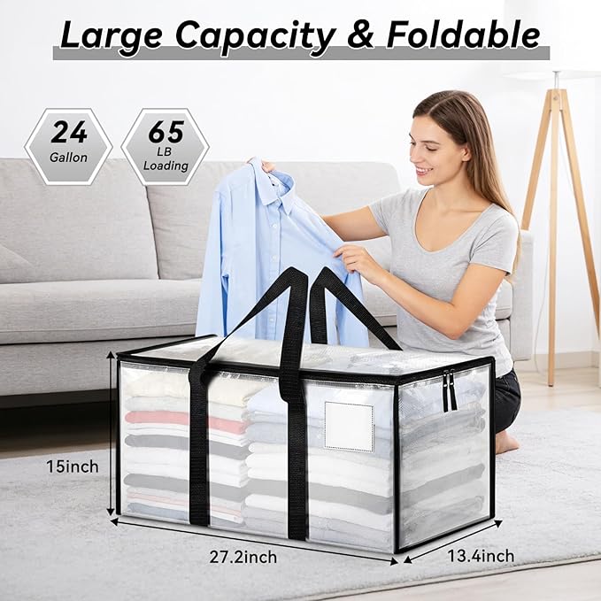 6 Pack Extra Large Heavy Duty Storage Bags, Waterproof Clear Storage Bins with Lids, Backpack Straps, Zippers & Handles, Moving Bags for Travel, Moving, College Dorm Storage