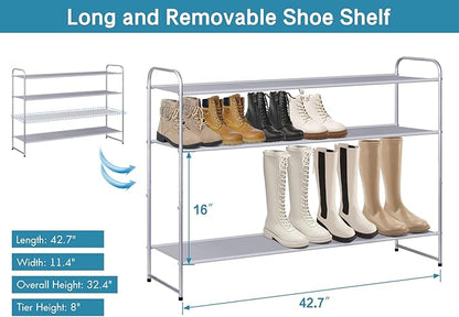 KIMBORA Long Shoe Rack for Closet, 30 Pairs Stackable Shoe Storage Organizer Wide 4 Tier Sneaker Shelf for Bedroom Floor (Grey)